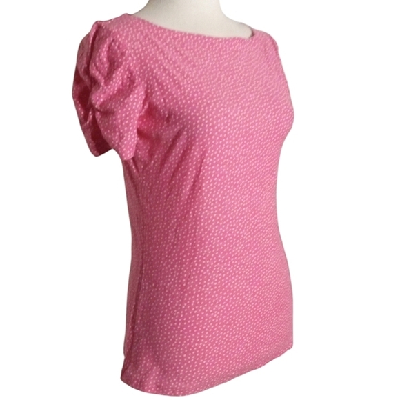 Lilly Pulitzer Pink White Polka Dot Cotton Tshirt Ruched Sleeve Size Medium - Picture 3 of 8